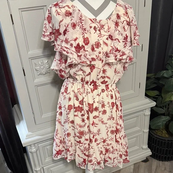 Rebecca Minkoff Floral Ruffle Dress in Red and White Size Large - Picture 3 of 16